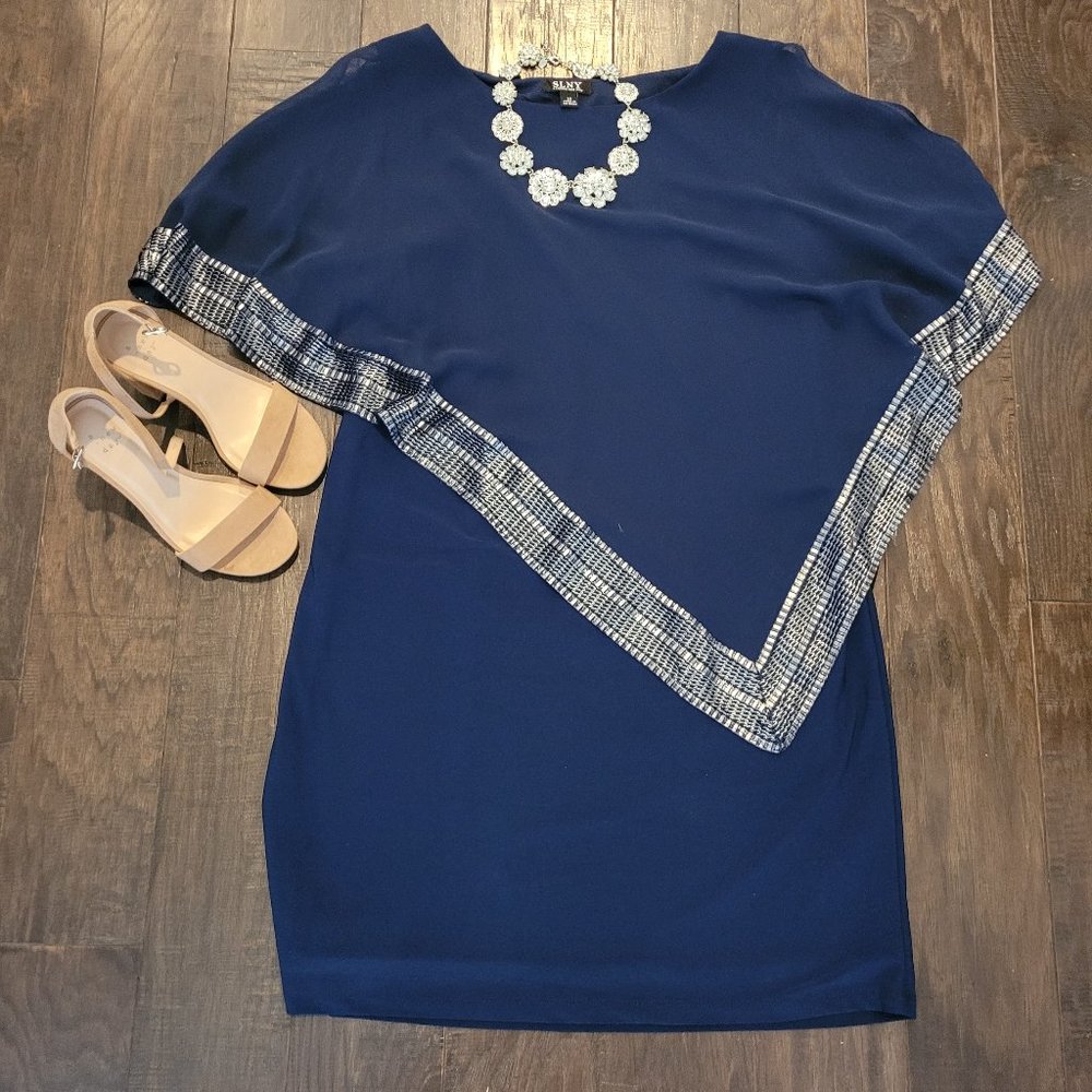 NWT SLNY Metallic-Trim Navy Capelet Sheath Dress Size 14